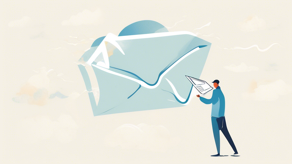 Abstrakte Illustration einer Person, die einen Brief in einen von Wolken umgebenen, übergroßen Briefkasten wirft, symbole für E-Mails und Newsletter schweben in der Luft, im Stil eines benutzerfreundlichen Anleitungsposters