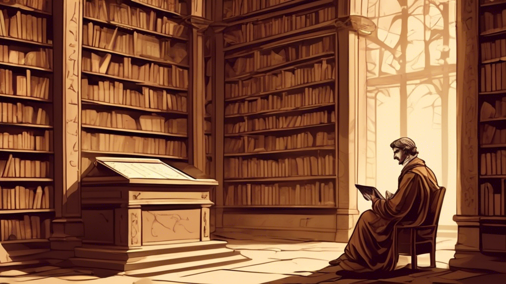 Illustration of a person sitting comfortably in an antique library room with large windows while reading a newsletter on a tablet. Floating around them are visual representations of various historical moments and cultural symbols of their industry, which seem to emerge vividly from the pages of the newsletter.