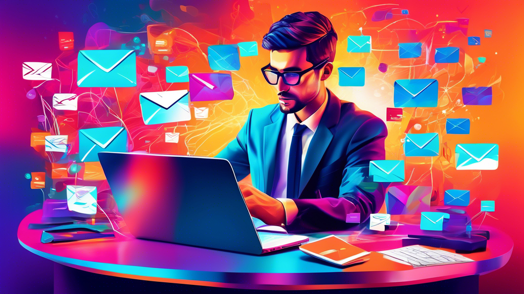 Digital artwork of a professional marketer creating a visually appealing and organized e-mail campaign on a futuristic computer interface, highlighting key elements such as personalization, engaging content, and call-to-action buttons, with a colorful, abstract background symbolizing creativity and innovation .