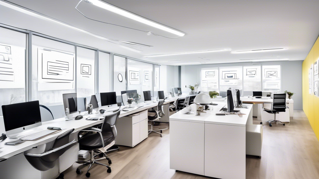 Modern, bright office full of marketing professionals working concentratedly on computers to design a creative and effective email campaign, with glowing screens showing drafts of engaging emails.