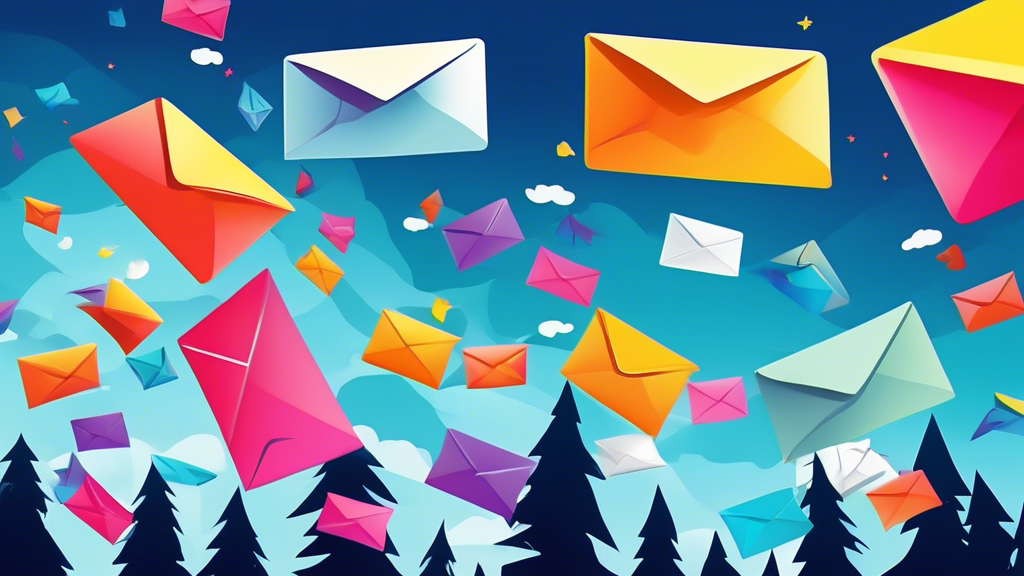 Detaillierte Illustration, die verschiedene E-Mail-Marketing-Plattformen als bunte und einzigartige fliegende Inseln im Himmel darstellt, verbunden durch Lichtstrahlen der Kommunikation.