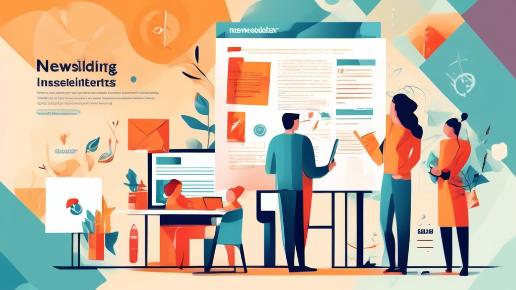 Detailed illustration of a lively newsletter that uses creative graphics and symbols to announce invitations to focus groups and product development, surrounded by curious people from different professional fields who are interested in discussing it.