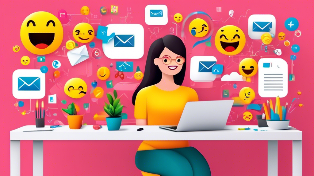 A creative team sitting at a modern, colorful desk, vividly planning an email marketing campaign, surrounded by glowing screens with rising stats and happy customer emojis, in a digital age style.