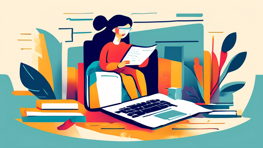 Illustration einer fröhlichen Person, die einen Newsletter über einen Laptop erstellt, umgeben von Symbolen für Kurse und Schulungen wie Bücher, Zertifikate und Bildschirme, in einem warmen, einladenden Büro