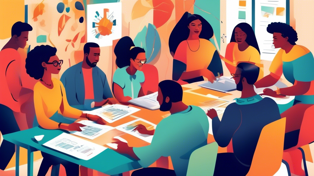 An inviting community workshop with a group of diverse people gathered around a large table, collaboratively designing a newsletter for social projects, with visible elements of creativity, teamwork, and technology.