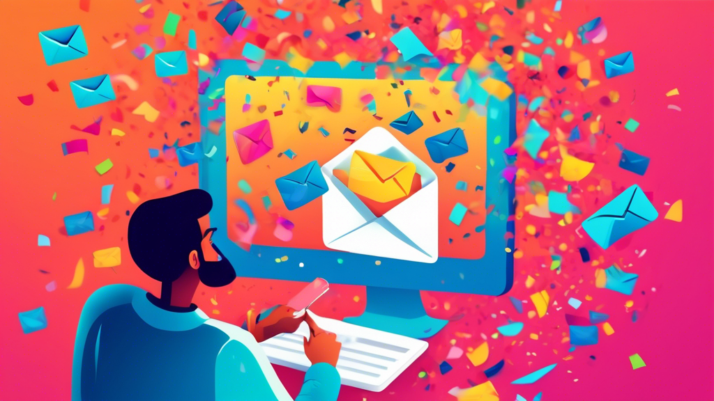 Digital illustration of a cheerful person clicking a 'Subscribe for Free' button on a colorful, inviting email newsletter signup page, with email icons and confetti floating in the background.