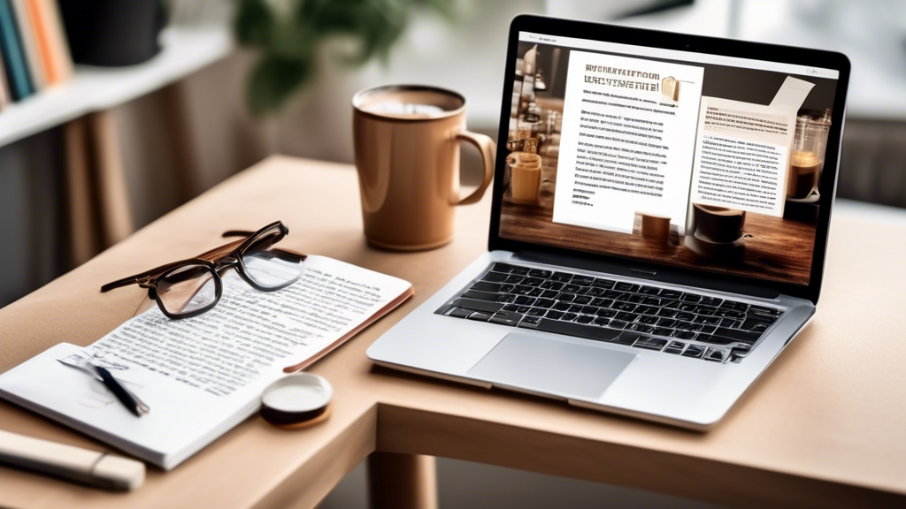 A creative desk with an open laptop with a draft newsletter appearing on the screen, surrounded by inspirational books, notepads for ideation and a hot cup of coffee, all in a cozy, well-lit home office environment.