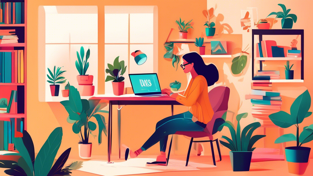 DALL-E Prompt: Illustrate a young professional working on their laptop in a cozy home office, surrounded by inspirational books and houseplants, assembling a creative and engaging newsletter for personal brand growth.