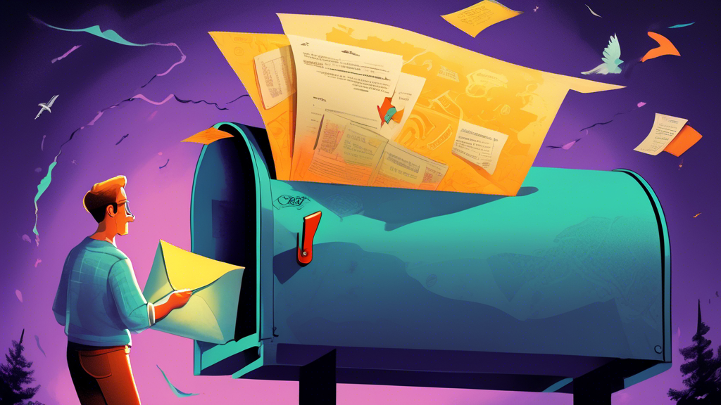 An illustrative depiction of a person happily discovering a treasure map inside a mailbox, with the map leading to a glowing, oversized envelope labeled 'Kostenlose Tägliche Newsletter'.