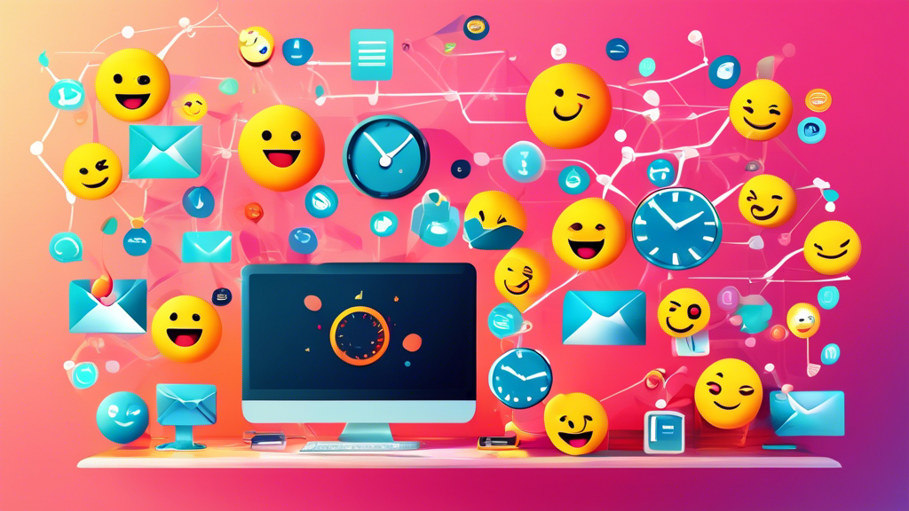 Digital newsletter placed on a bright desk surrounded by happy emoji icons, a digital clock showing the time, and a backdrop of a network of connected people symbols, all signifying effective communication and customer engagement.
