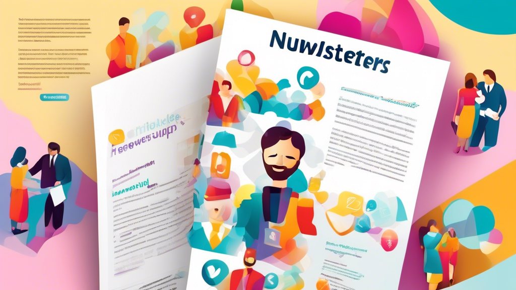 Ein elegantes Newsletter-Design auf einem digitalen Bildschirm mit Symbolen für Kundenservice und Zufriedenheit, umgeben von positiven Bewertungssternen und einem freundlichen Avatar des Kundensupport-Mitarbeiters im Hintergrund.