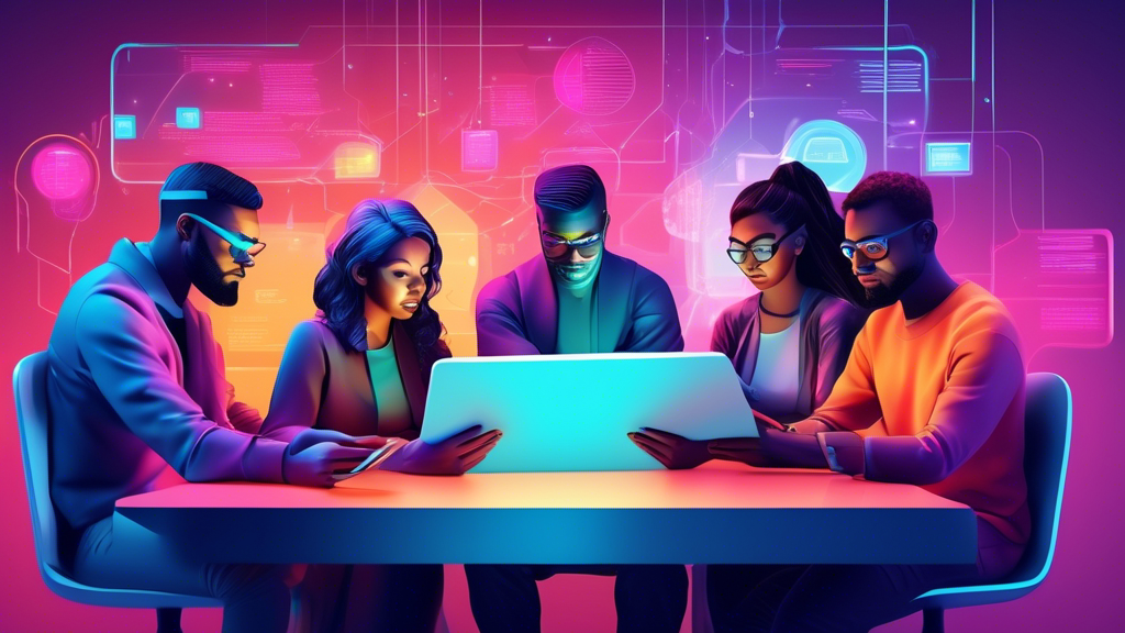 Diverse group of technology enthusiasts reading a newsletter together about exclusive Beta-Tests in a futuristic, digital workspace environment.