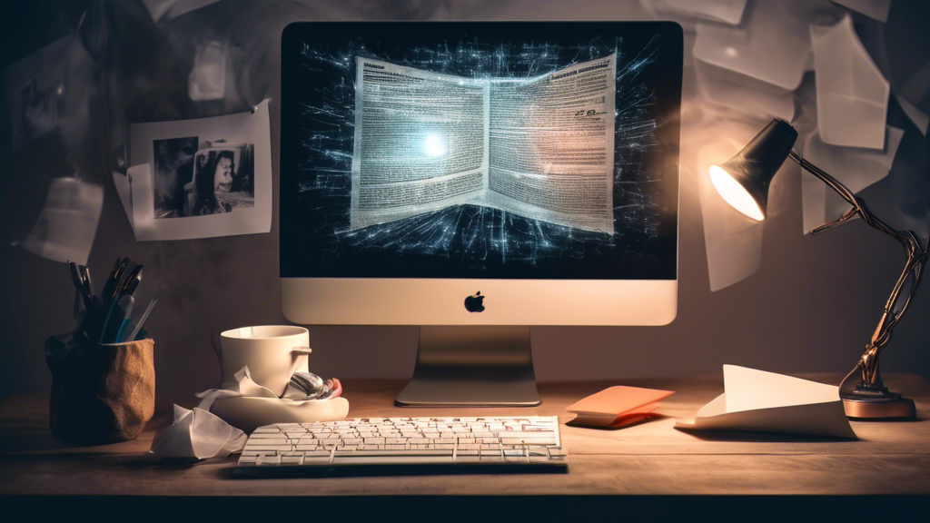 A stylized image of a person sitting in front of a computer designing a newsletter surrounded by bright, inspirational rays of light, with symbols of hope and support - such as hearts and hands holding each other - floating in the background to illustrate the theme of to symbolize charitable actions.