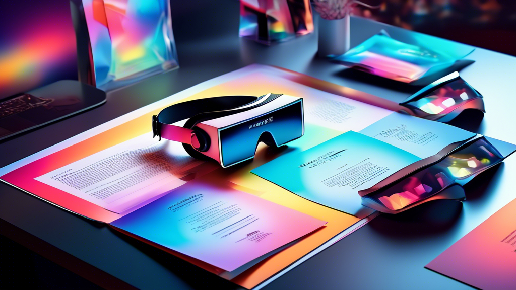 An elegantly designed, high-tech newsletter invitation lying on a sleek, modern desk, surrounded by virtual reality glasses and holographic displays of exclusive events and trade fairs.