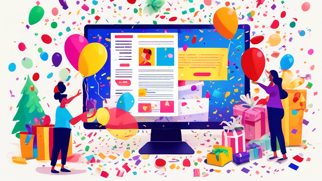 Digital illustration of a happy person receiving a colorful, personalized birthday newsletter on their computer screen, surrounded by virtual confetti and gift icons indicating special offers.