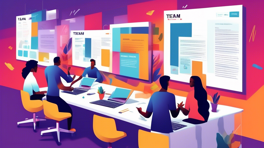 Digital illustration of a diverse team enthusiastically collaborating on a newsletter layout in a modern office environment, with digital screens displaying the text 'Team-Updates' in the background.