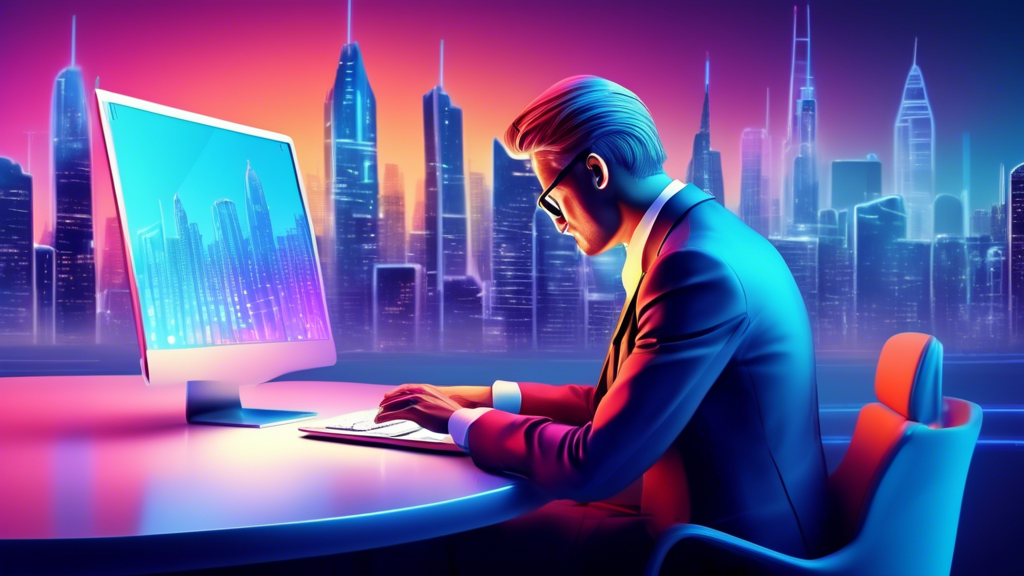 An inspired CEO typing a visionary newsletter on a laptop with futuristic city skyline in the background