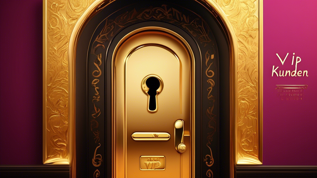 An elegant, gold-plated key opening a luxurious door with the words 'VIP customers' engraved, leading into an exclusive, opulent lounge filled with happy, sophisticated customers enjoying personalized services.