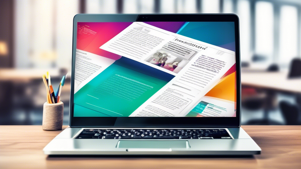 Ein elegantes Newsletter-Design auf einem Laptop-Bildschirm, umgeben von Software-Symbolen und Ankündigungsbanner, in einem kreativen Büro-Setting