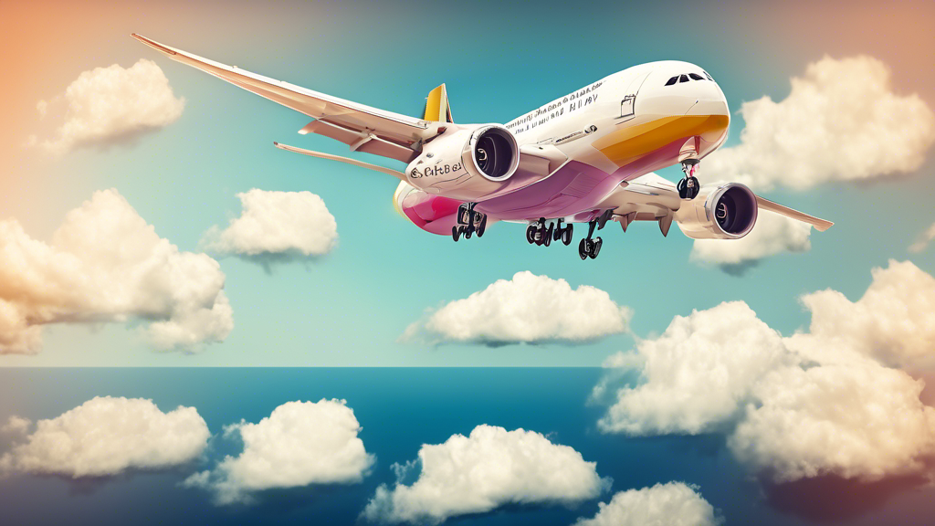 Erstellen Sie ein optisch ansprechendes Bild eines farbenfrohen Newsletters, der mit Symbolen von Flugzeugen, Weltkarten und glücklichen Kundengesichtern geschmückt ist, um das Thema 'Kundenreisen erfolgreich teilen' kreativ darzustellen.