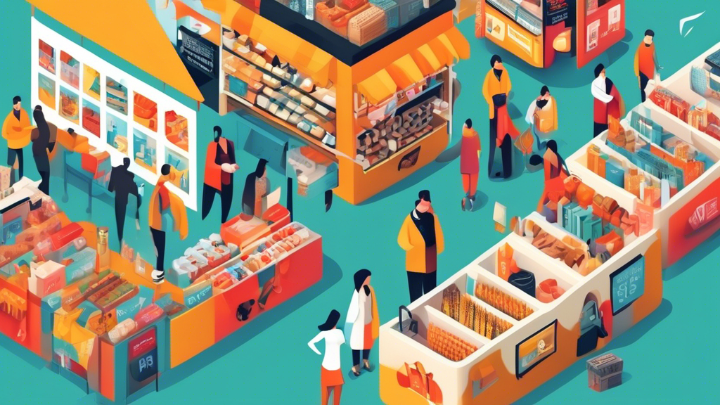 An illustrated digital newsletter showcasing a variety of products being sold directly from the manufacturer to the customer, bypassing middlemen, set in a modern, colorful marketplace environment.