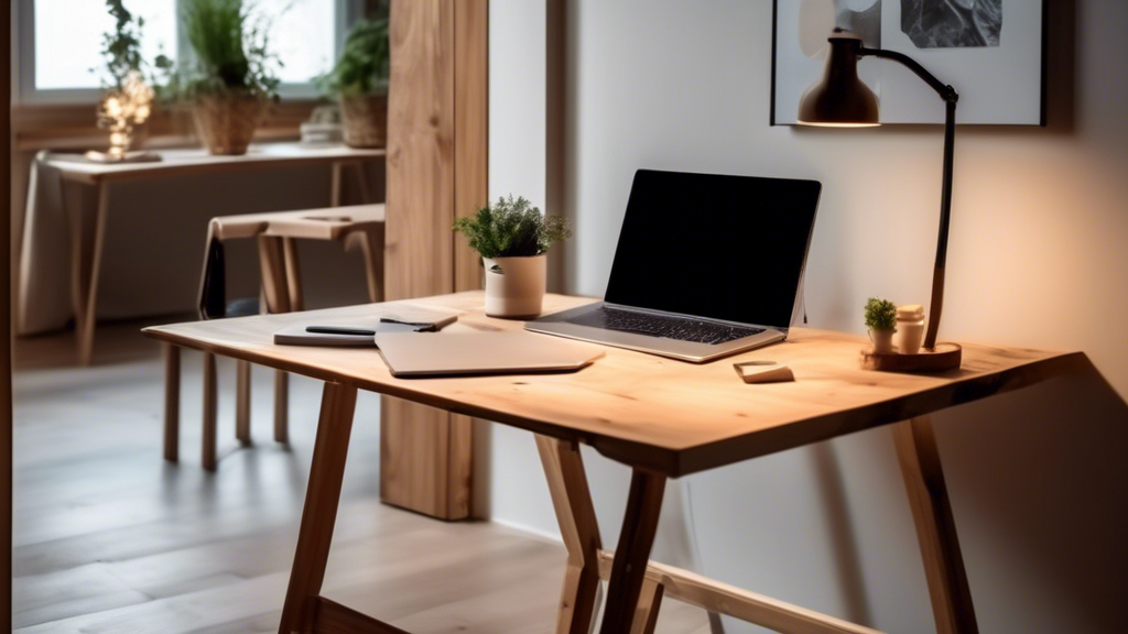 A comfortably furnished study at dusk with a person sitting intently at an elegant wooden desk and designing a personal newsletter on a modern laptop, surrounded by warm light and plants that create a homely atmosphere.