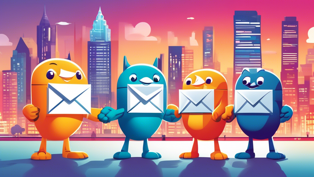 Illustration of different mascots representing the top e-mail platforms standing around a small business, shaking hands and exchanging e-mails in a friendly and cooperative manner, with a digital and modern city skyline in the background.