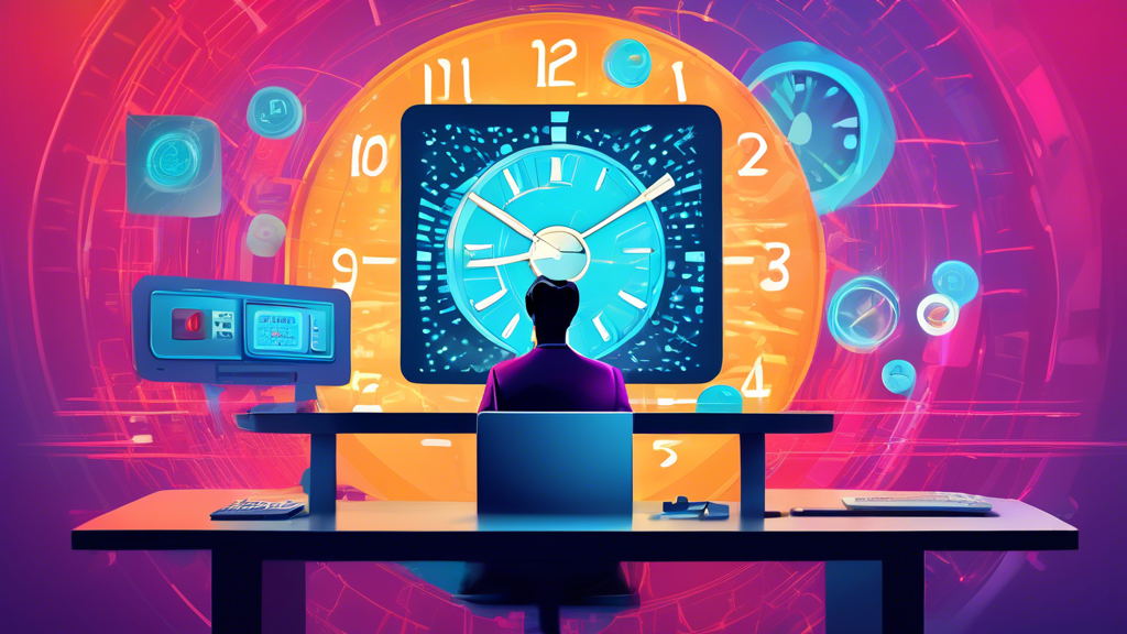 Digital artwork depicting a person scheduling emails on a futuristic computer interface, with a clock showing multiple time zones in the background, symbolizing the perfect timing for email marketing.