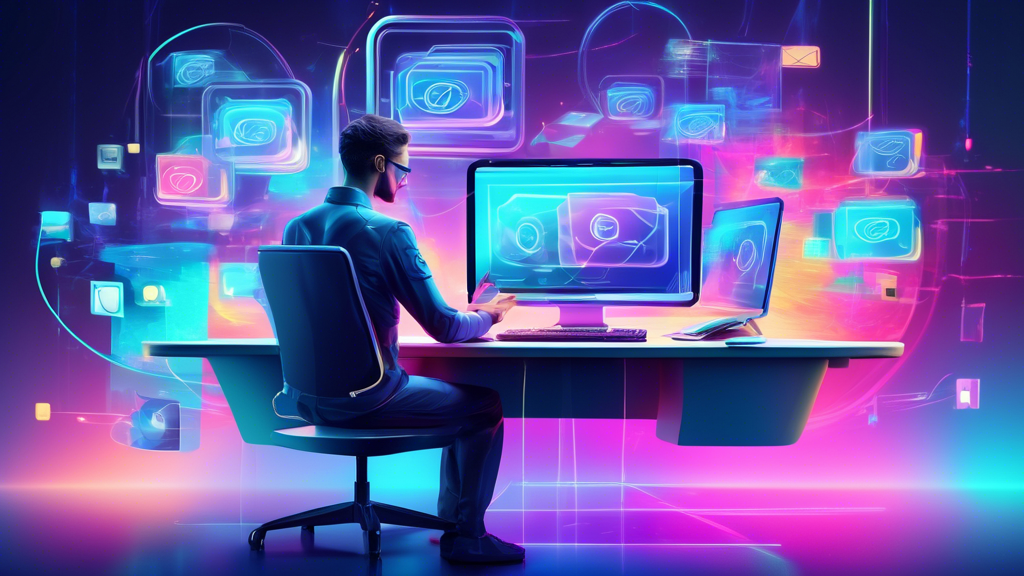 Digitally stylized, futuristic workspace with an advanced, holographic email management tool interface floating in front of a focused professional effortlessly multitasking between multiple screens