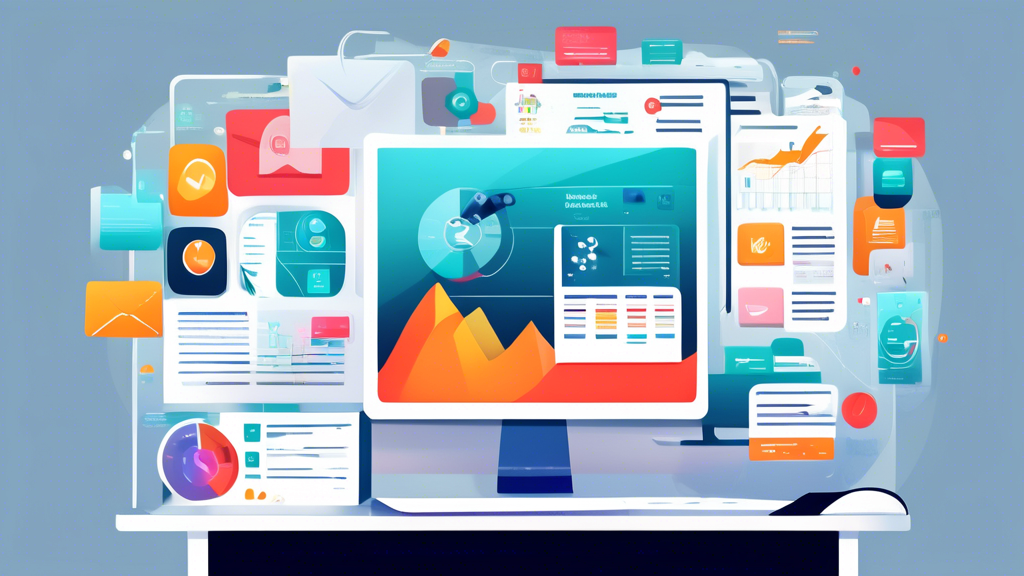 An illustration of a sleek, digital dashboard displaying various newsletter management tools and analytics on a futuristic computer screen, with icons representing email campaigns, subscriber lists, and performance metrics, in a modern office environment.