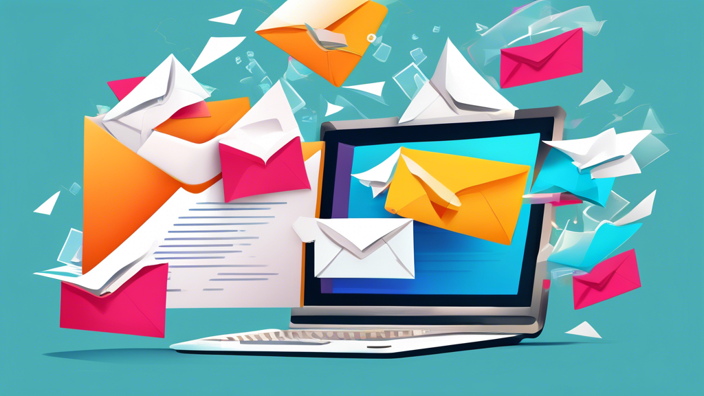 Digital illustration of various newsletter icons and envelopes flying out of a computer screen, showcasing the best newsletter distribution software