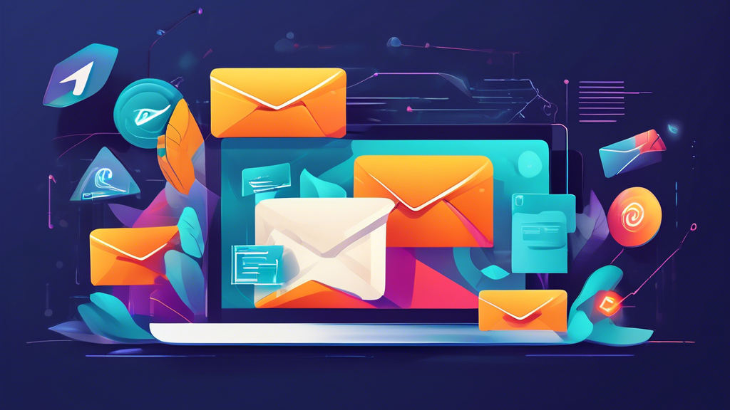 Illustration einer futuristischen E-Mail-Marketing-Software-Schnittstelle mit verschiedenen Automatisierungsoptionen, personalisierten E-Mail-Templates und Analysetools, umgeben von Symbolen für Wachstum und Erfolg, im Flachen Design