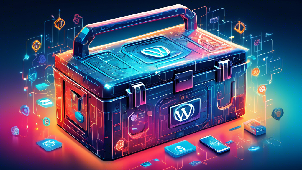 Detailed digital illustration of a futuristic toolbox floating above a WordPress logo, surrounded by iconic email symbols and glowing digital connections.