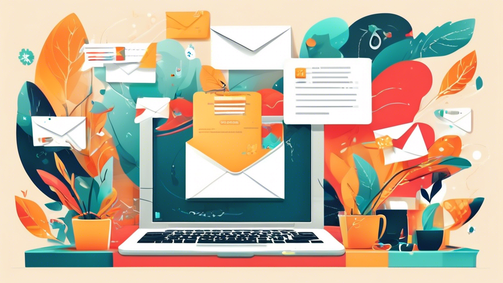 Illustration of a creative and colorful email design platform with various elements such as fonts, templates and images, enlivened with small characters working on a large, interactive screen.