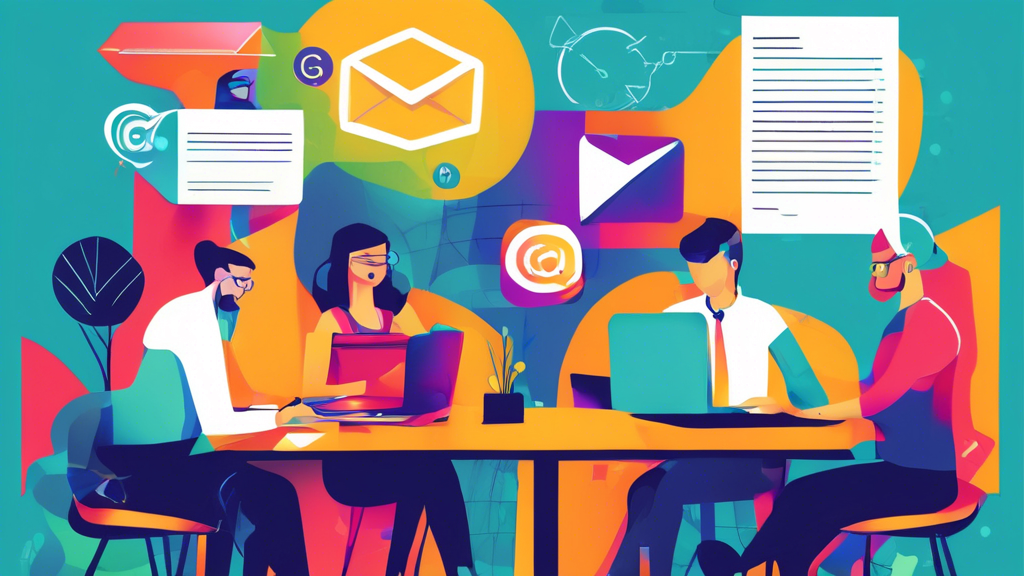 Una ilustración creativa de un taller profesional de marketing por correo electrónico con gente feliz aprendiendo, rodeada de iconos como boletines, grupos objetivo y tasas de conversión, en un aula digital.