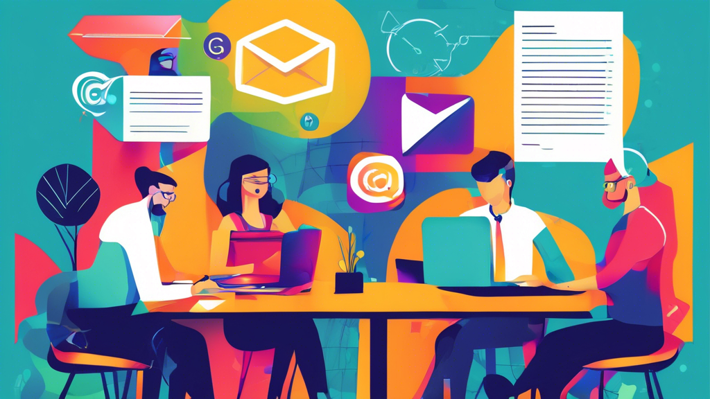 Un'illustrazione creativa di un workshop professionale di email marketing con persone felici che apprendono, circondate da icone come newsletter, gruppi target e tassi di conversione, in un'aula digitale.