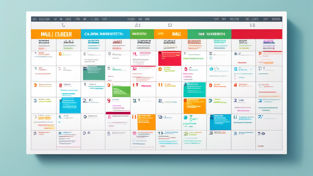 Digital illustration of a detailed and color-coded e-mail marketing calendar template, viewed on a sleek modern computer screen, with visual icons representing scheduled campaigns, newsletters, and automation triggers.