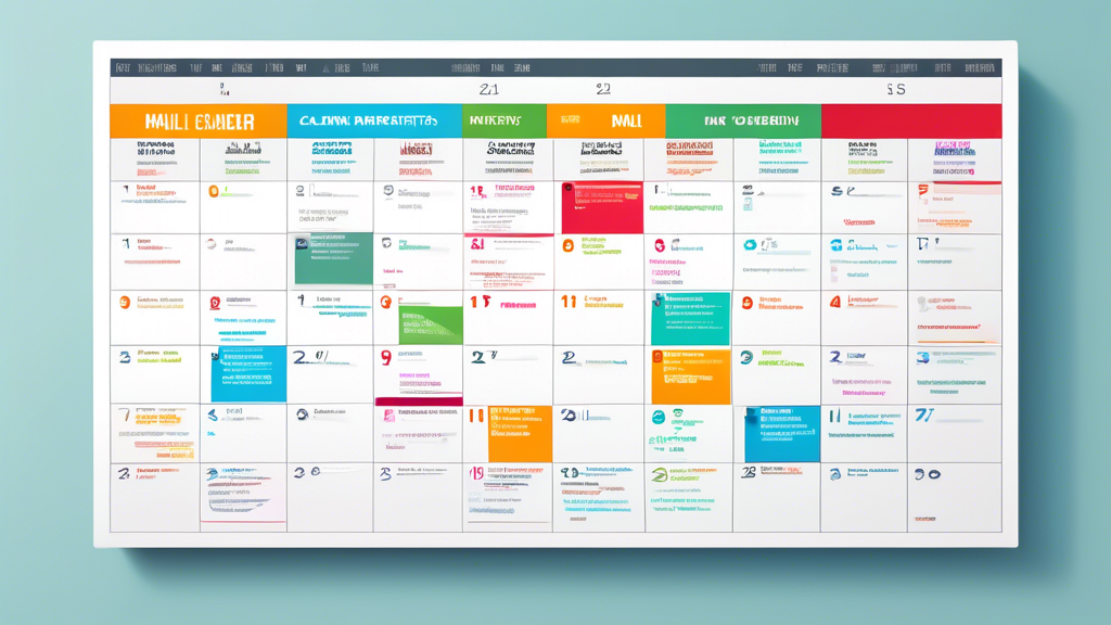 Ilustração digital de um modelo de calendário de marketing por e-mail detalhado e codificado por cores, visualizado em uma tela de computador moderna e elegante, com ícones visuais representando campanhas agendadas, boletins informativos e gatilhos de automação.