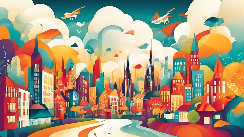 Illustration einer modernen, bunten Stadtlandschaft mit verschiedenen Gebäuden, die jeweils als Symbol für verschiedene E-Mail-Marketing-Unternehmen dienen, umgeben von digitalen Wolken, durch die E-Mails fließen.