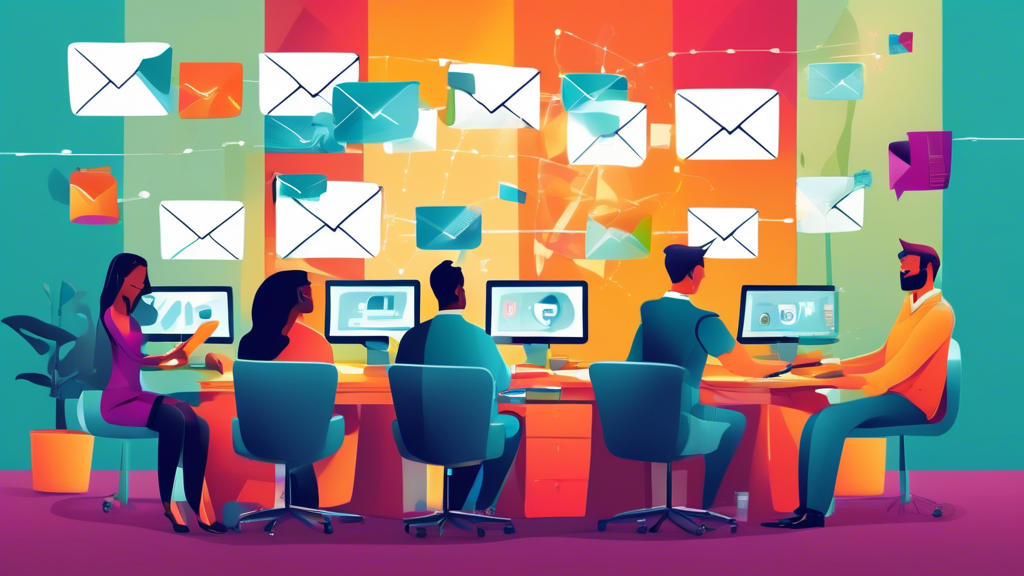 Una acogedora oficina para pequeñas empresas con una pantalla de computadora que muestra una eficiente interfaz de solución de software de correo electrónico, rodeada de empleados felices que colaboran y se comunican.