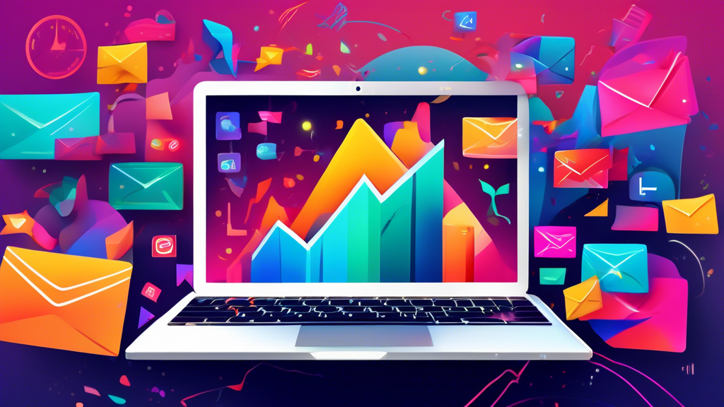 An eye-catching digital illustration of a modern, sleek laptop with vibrant emails flying out of the screen, surrounded by symbols of growth and success such as upward trending graphs and glowing reviews, all set against a backdrop of a bustling digital marketing office environment.