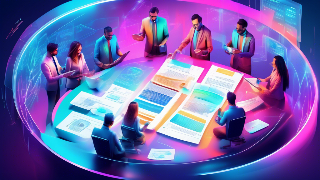An imaginative digital workspace with a lively team brainstorming and sketching innovative newsletter designs on a futuristic holographic interface, symbolizing advanced newsletter solutions for businesses.