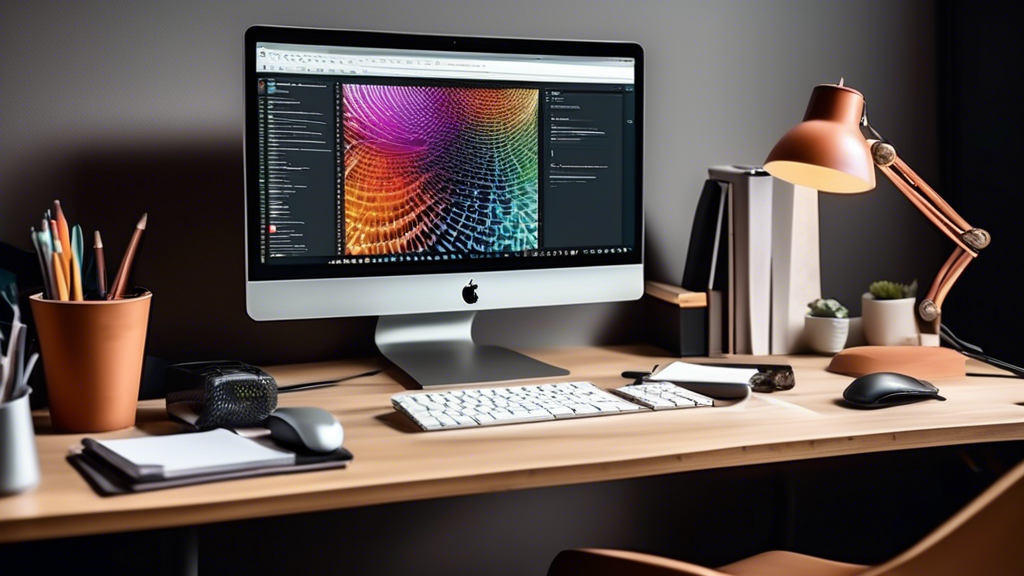 Detailed illustration of a professional sitting at a desk working on a computer surrounded with a variety of colorful, engaging newsletter templates floating in digital windows, in the style of a modern, brightly lit office environment