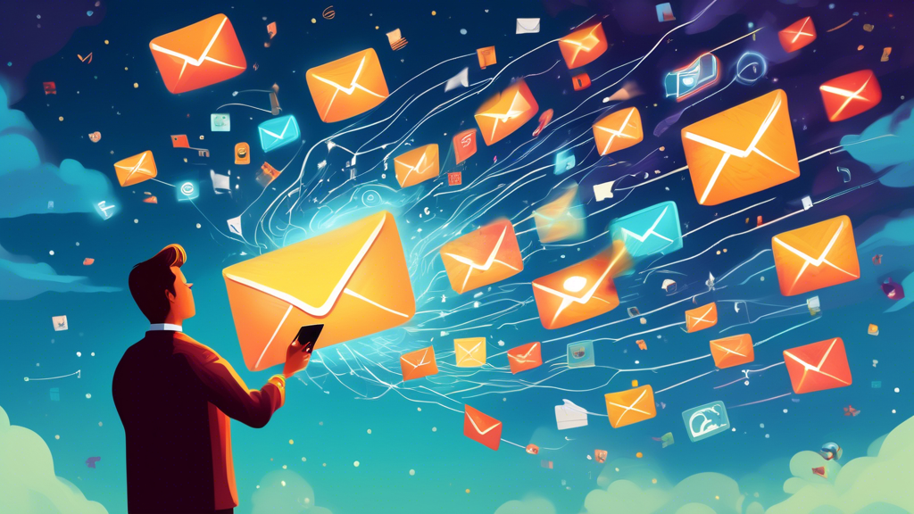 Digital painting of a person sending a glowing email into a sky filled with various internet and social media icons, symbolizing the reach and impact of successful email marketing