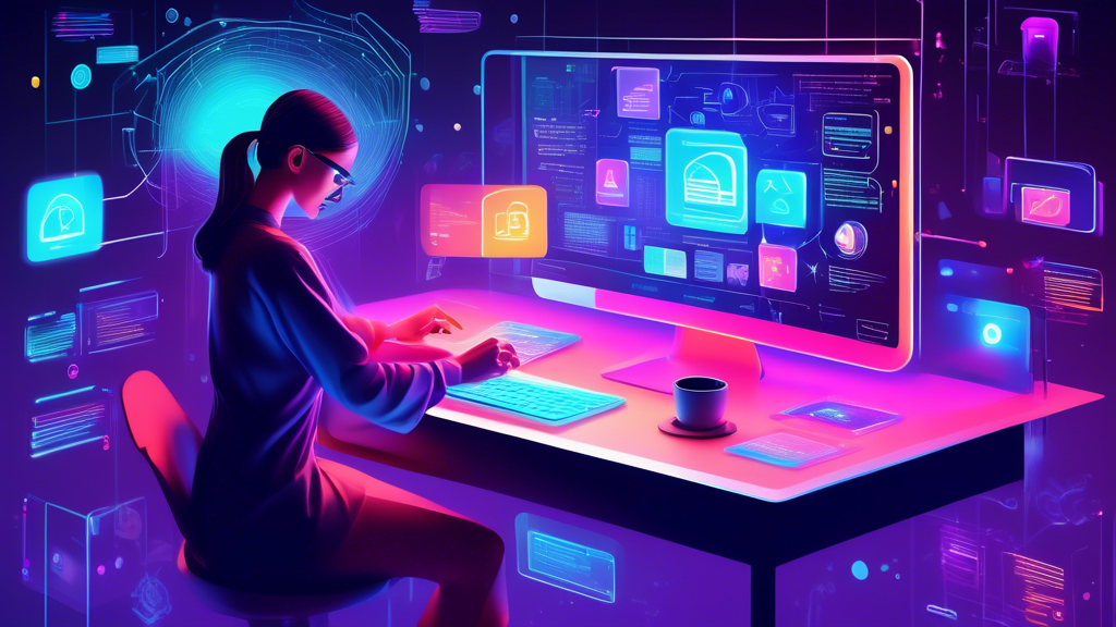 Visualize a creative digital workspace showing a person crafting a compelling email on a futuristic holographic computer screen, highlighting key phrases and engaging graphics, with symbols indicating successful conversion rates and customer engagement floating around, all set against the background of a modern digital marketing office atmosphere .