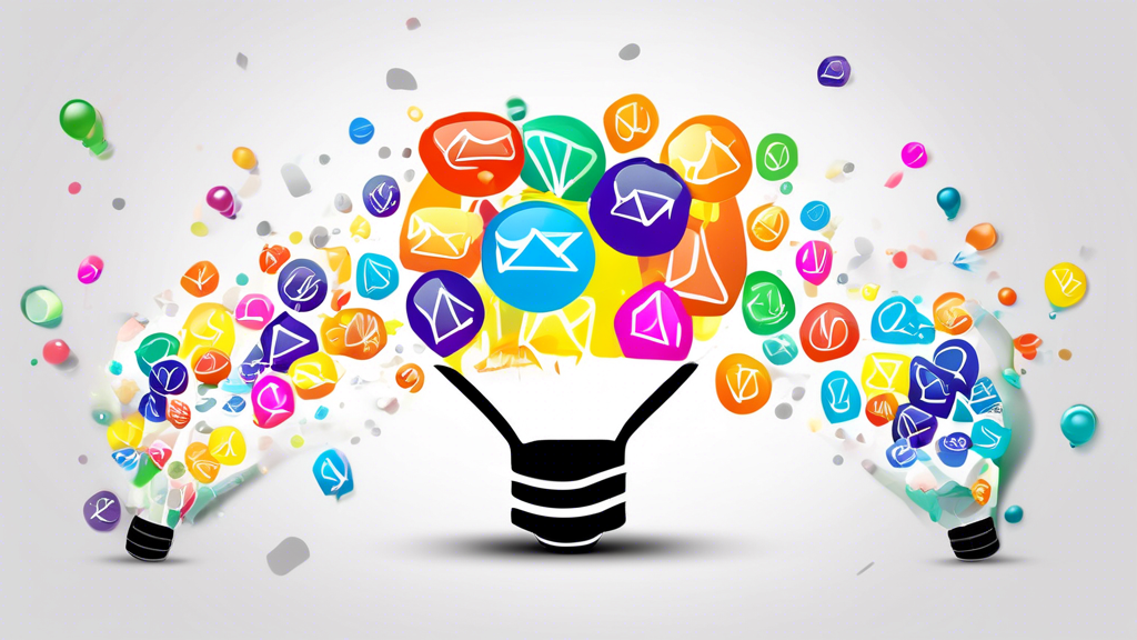 Digitale weergave van een levendige e-mail omgeven door gloeiende gloeilampen die innovatieve en creatieve marketingideeën symboliseren, in een gestileerde kantooromgeving.