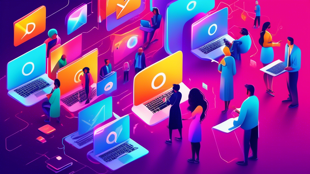 Digital illustration of diverse people from various industries gathered around a gigantic, glowing email symbol, all using laptops and mobile devices to explore different futuristic, free email marketing platforms in a vibrant, interconnected online world.