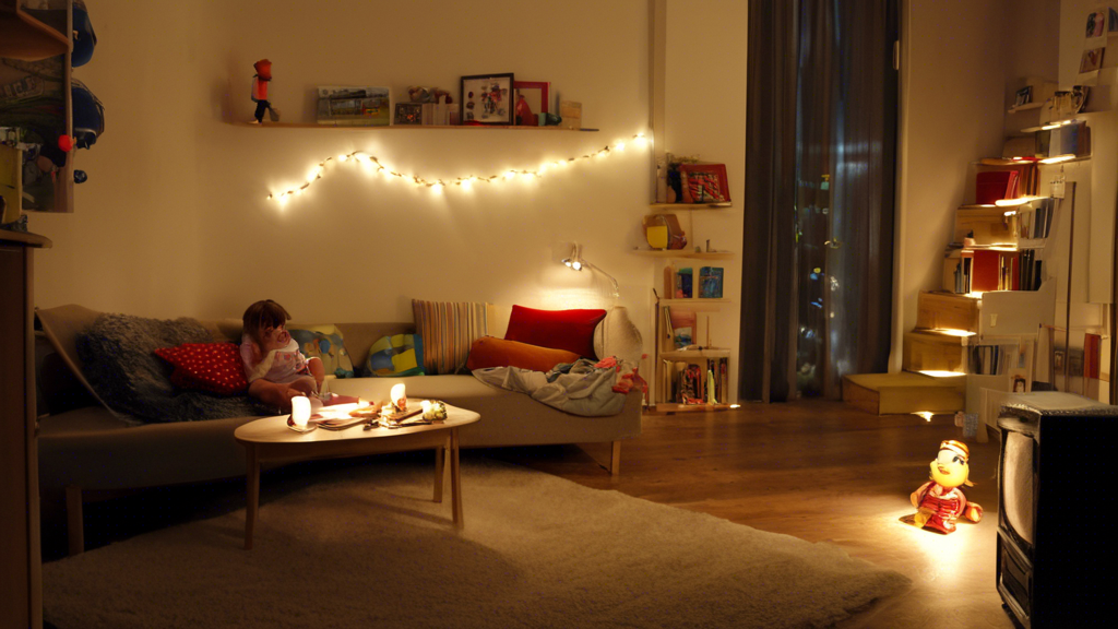 DALL-E-Prompt: Een gezellige, goed verlichte woonkamer 's nachts, in het midden een grootvader met een bril die een open sprookjesboek leest en om hem heen zitten betoverde kinderen en volwassenen aandachtig te luisteren, op de achtergrond zijn silhouetten te zien, die het verhaal visualiseren dat wordt verteld.