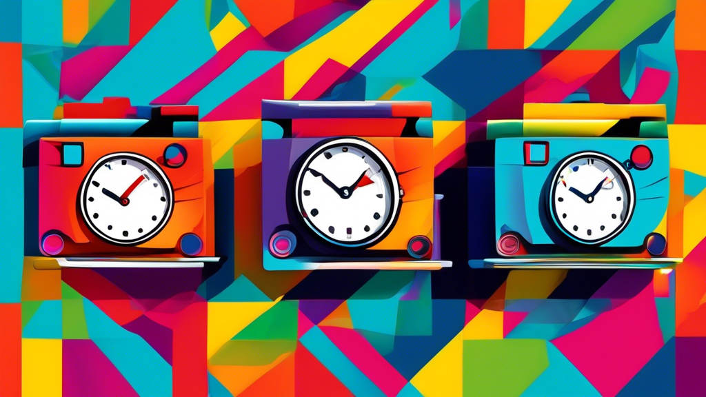 Relógio digital em um ícone de e-mail com diferentes horários do dia em segundo plano, visualizados em um estilo pop art colorido.