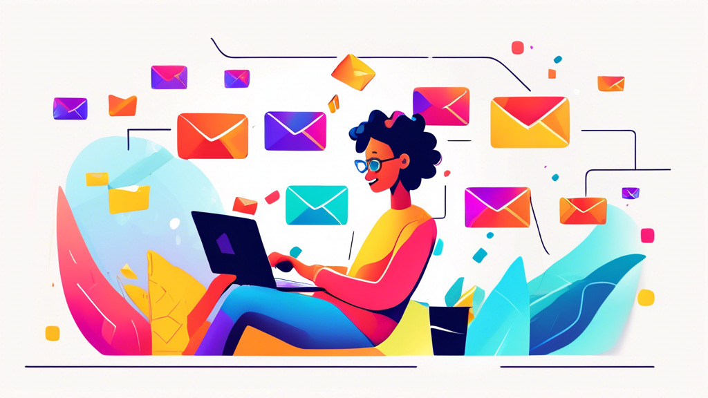 Una ilustración de una persona sentada frente a su computadora, descubriendo felizmente una variedad de coloridas opciones de suscripción a boletines por correo electrónico que aparecen en su pantalla.